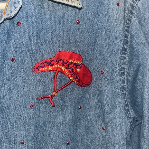 Cowboy Cote Jean Shirt embellished with Western Boots & Hat Women’s L - Picture 4 of 7